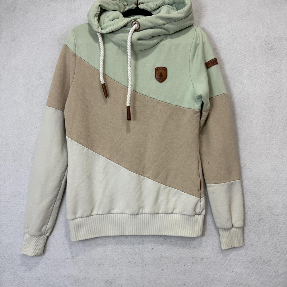 Wanakome Hoodie Womens M? Green Beige Colorblock Cowl Neck Fleece Pullover Logo